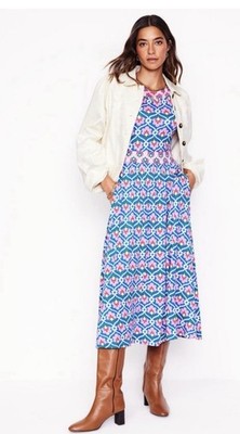 Boden Melanie Midi Dress 4P Blue Pink Floral Fit Flare Pockets Petite 4 Artsy