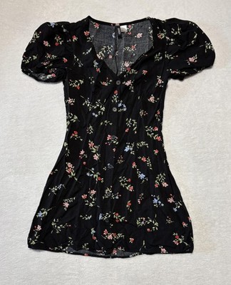 Divided Dress Womens Small Black Floral Fit & Flare Puff Sleeve Short V-Neck