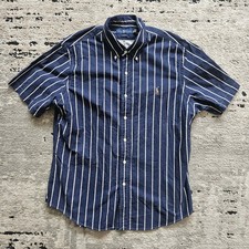 Polo Ralph Lauren Mens XL Slim Fit Navy Striped Short Sleeve Button Down Shirt