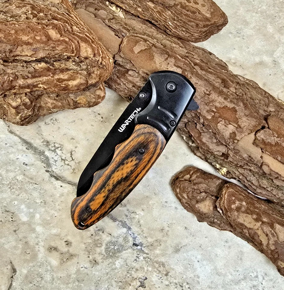 Navaja de Bolsillo Plegable Abierta Abatible 8.5" Madera Oscura Negra Asistida por Resorte Caza Foto 3 de 4