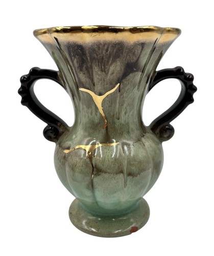 German Ceramic Two-Handled Trophy Vase Drip Glaze Gold Accents Green Brown READ - Picture 4 of 13
