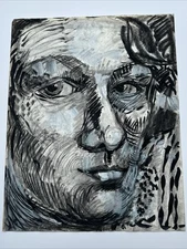 MID CENTURY PORTRAIT PAINTING DRAWING HEAD FACE LISTED EXPRESSIONIST HOECK NEAL