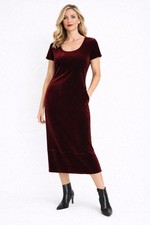 Maurices Merlot Velvet Midi Dress Stretch Short Sleeve Dark Red 41”
