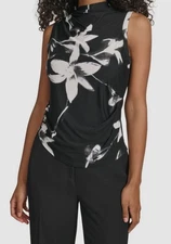 Calvin Klein Women's Black High-Neck Floral-Print Sleeveless Top Size Large