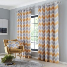 Curtains eyelet ring lined ochre mustard yellow grey geometric zigzag CLEARANCE