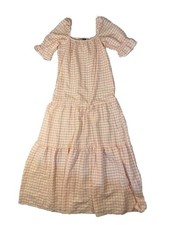 ASOS DESIGN Tall Seersucker Gingham Tiered Smocked Midi Dress in Peach and White
