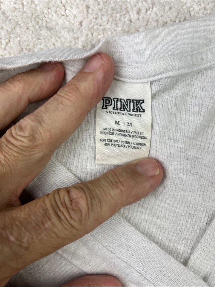 Victorias Secret PINK In Gold on White/Black Sequin Logo V-Neck Tee T-Shirt Top - Image 4 of 4
