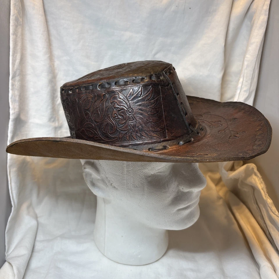 Handmade Leather Tooled Western Rose Hat Cowboy Size Small - measures 21.25 Inch - Image 2 of 4