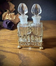 Vintage Double Perfume Glass Bottles With Filigree Brass Carrier And Stoppers