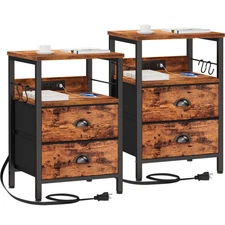Nightstand Set of 2, Rustic Brown, with Charging Station and USB Ports, Side ...