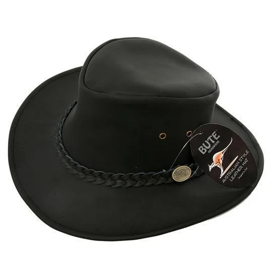 Australian Black Leather Bush Hat Cowboy Outback Safari Hat Medium 58cm