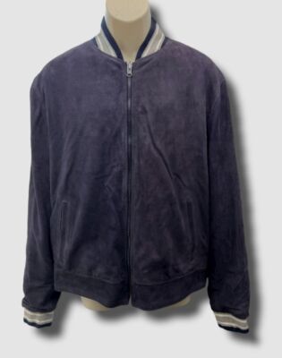 $995 Neiman Marcus Men's Blue Suede Rib Knit Track Coat Jacket Size L