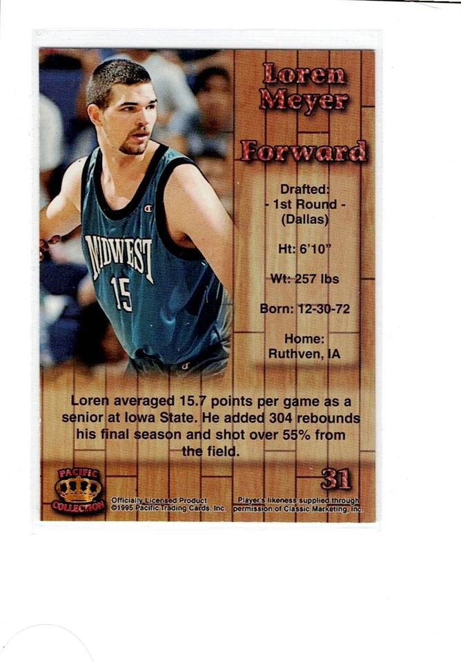 1995 Pacific Prism Draft Pick Blue Loren Meyer - Image 2 of 2