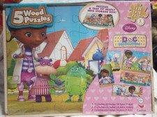 DISNEY DOC McSTUFFINS Cardinal 5 Wood Puzzles in Wooden Storage Box. New, Sealed