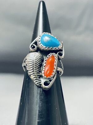 MARVELOUS VINTAGE NAVAJO KINGMAN TURQUOISE & CORAL STERLING SILVER RING ...