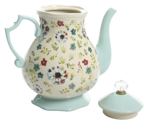 New The Pioneer Woman Stoneware Large Floral Ivory Blue Tall Crystal-Top Tea Pot - Picture 2 of 4