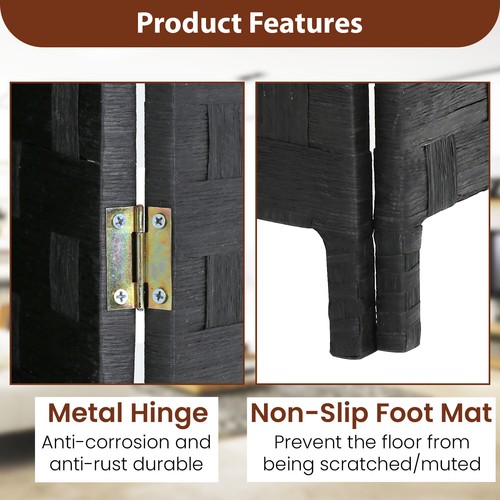 Room Divider 6FT Wood Mesh Hand-Woven Room Divider, 4-Panel Indoor Folding Black - Picture 5 of 8