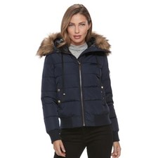 NWT Women's Apt. 9 Puffer Faux-Fur Trim Bomber Coat XL Navy