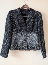 Rickie Freeman Teri Jon Tweed Jacket Black  White Fringe Size 6