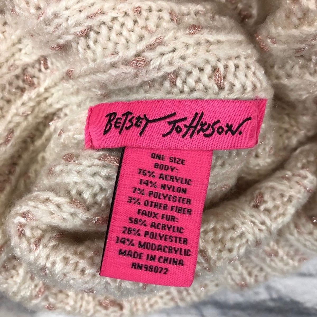 Betsey Johnson tan knit hat Pompom top Stretchy Faux Fur | eBay display picture 2