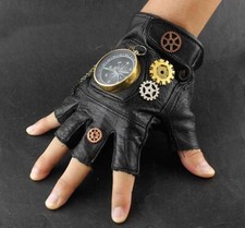 Steampunk Cosplay Compass Gears Fingerless Men/womens Real Leather Gloves