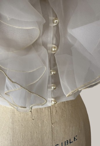 Vintage Couture Organza Rüschen Hemd mit schwarzer Schleife RAR Neu mit Etikett 60er Jahre Perlenknöpfe - Bild 7 von 10