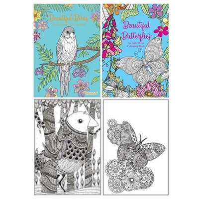 SET OF 2 x A4 ADULT/TEEN ANTI-STRESS A4 COLOURING BOOKS BUTTERFLIES & BIRDS