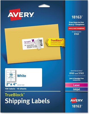 Avery Shipping Address Labels, Laser & Inkjet Printers, 100 Labels, 2x4 Labels