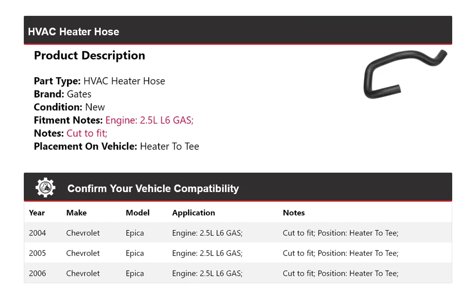 For 2004-2006 Chevrolet Epica 2.5L L6 GAS HVAC Heater Hose Heater To Tee Gates - Image 2 of 4