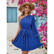 Tied Single Shoulder Lantern Sleeve Dress