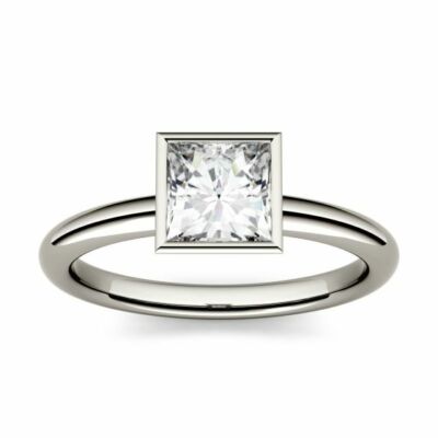 Forever 1 CT Square D VVS Moissanite Bezel Set Solitaire Engagement Ring in 14 K