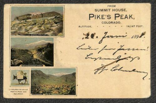USA #281 BRIEFMARKE SUMMIT HOUSE PIKES PEAK MANITOU COLORADO NACH DEUTSCHLAND POSTKARTE 1898
