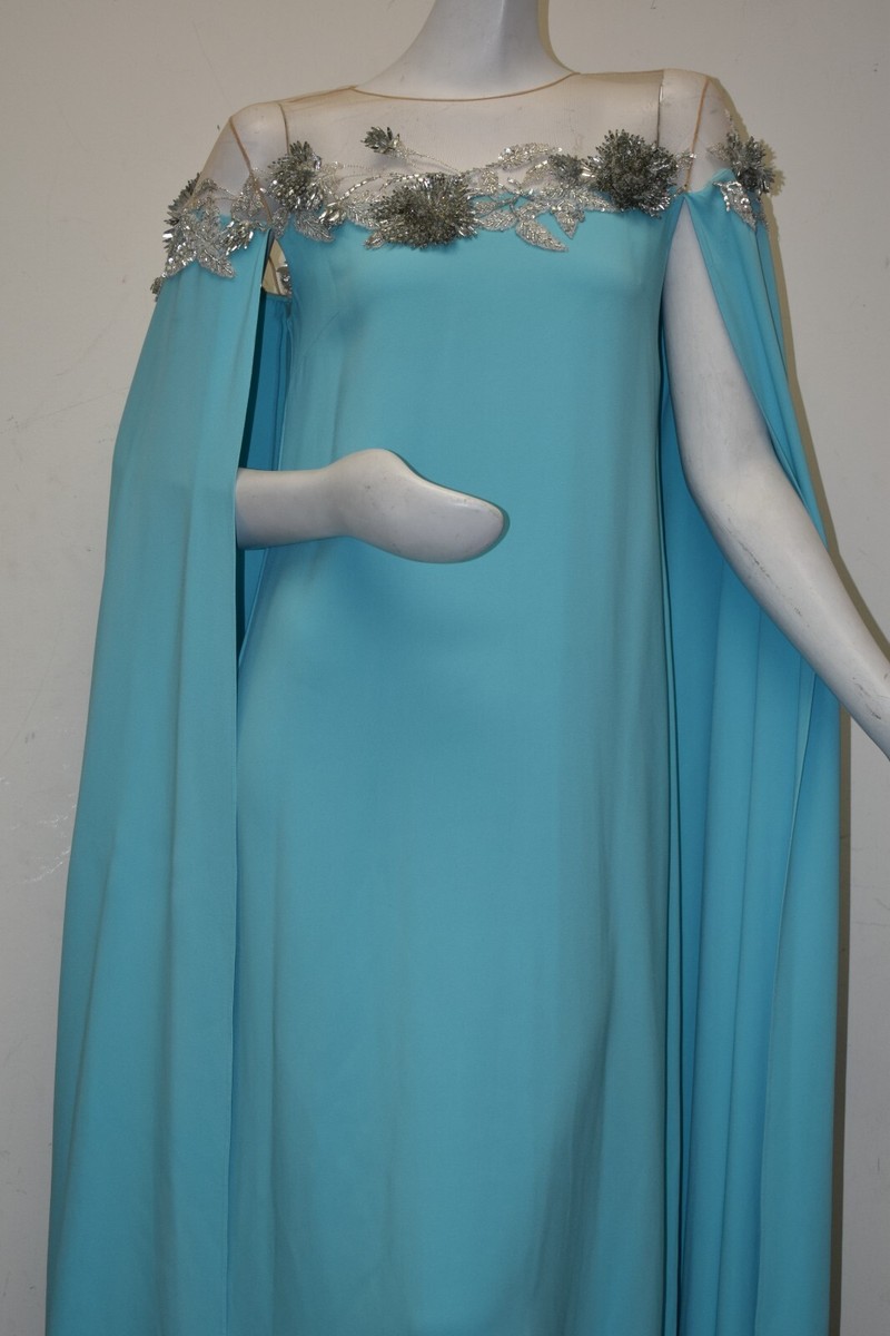 $5890 NEW Oscar de la Renta Cape Gown Caftan Turquoise Silver Illusion Dress  S M | eBay