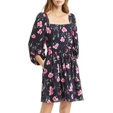Eliza J Size 6 Navy Blue Pink Floral Square Neck Dress Pockets Belted Sleeve B40