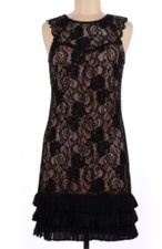  130 Kensie Women's Black Pleated Ruffled-Hem Lace A-Line Dress Size 6