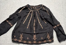 Lucky Brand Womens Top XSmall Black Long Sleeve Boho Embroidered Sheer Keyhole
