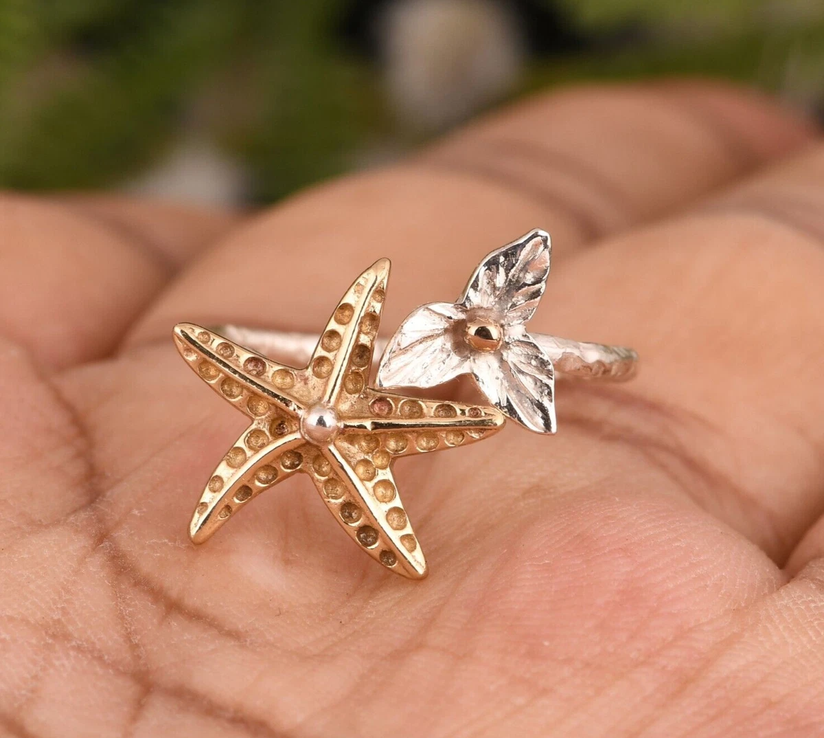 2 Shape Adjustable Texture Ring Starfish Leaf Flower Women