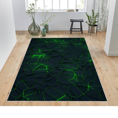 Futuristic Cracked Stone Rug, Neon Green Glow Effect, Modern Sci-Fi Floor Carpet