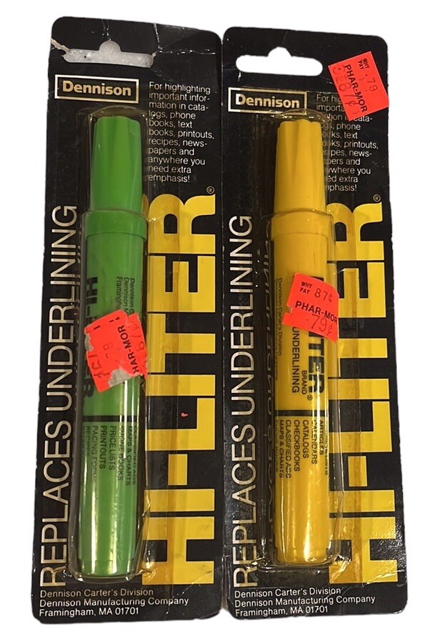 2 Vtg DENNISON Hi-Lighters NIP Florescent Yellow & Green Movie Prop Display READ