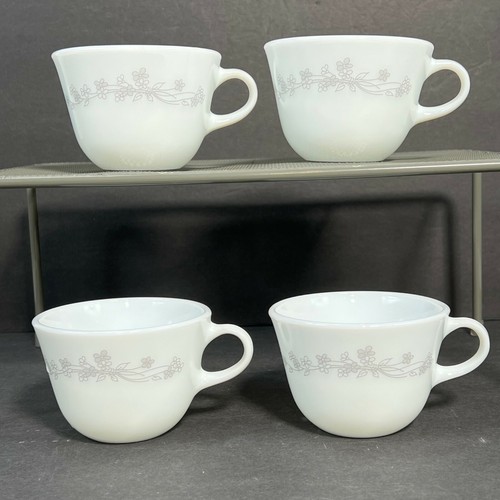 Vintage Pyrex Ribbon Bouquet Coffee Tea Cups 4 Set White Milk Glass Gray Floral - Picture 4 of 11