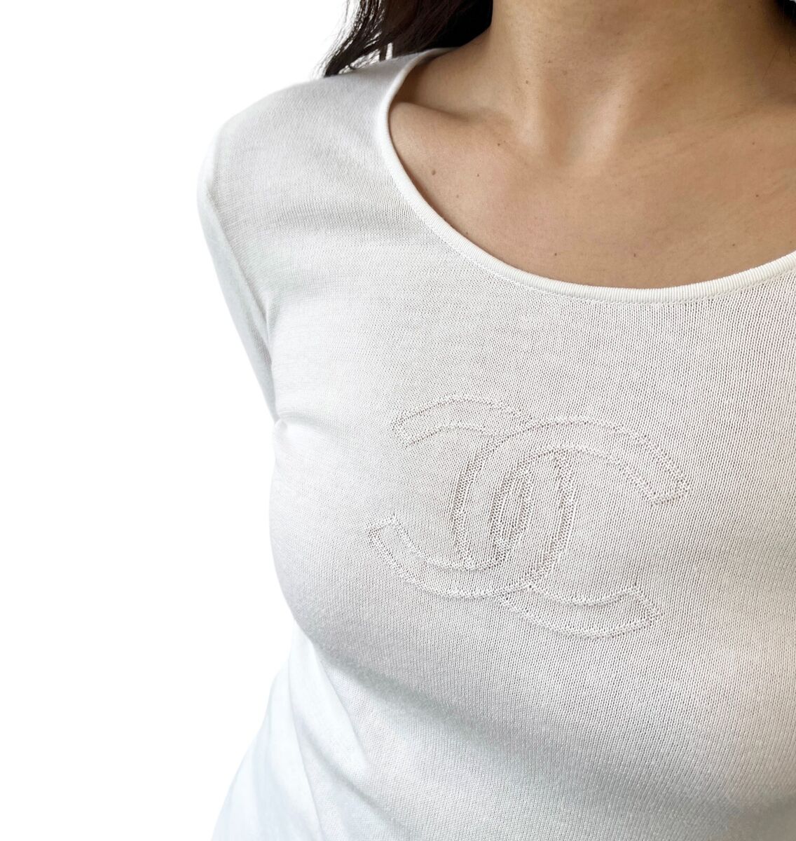 CHANEL Vintage 05C Big CC Logo Knit Top #38 White Long CHANEL Vintage 05C Big CC Logo Knit Top #38 White Long