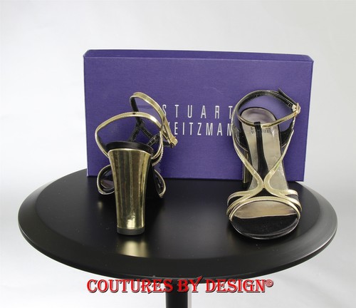 Stuart Weitzman Black & Gold Patent Leather Block Heel Shoes Size 8.5 NIB $398 - Picture 3 of 3