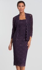 ALEX EVENINGS 16 Eggplant Sequin Lace Dress & Jacket Purple Mother of the Bride