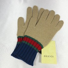 GUCCI Sherry Line Gloves Wool Beige Navy Size L Women's Accessories Authentic