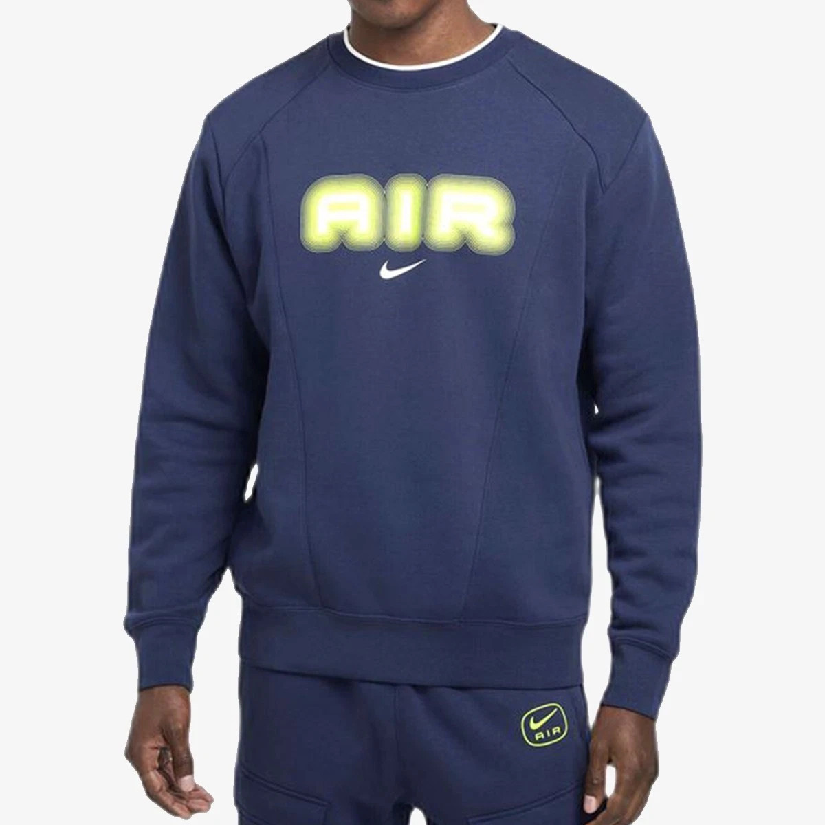 Men's Nike Air Fleece Crew Neck Sweatshirt Navy Volt SIZE LARGE-  HM0177-410