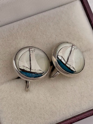 VINTAGE STERLINGSILBER ART DECO ESSY GLAS SEGELBOOT SCHRAUB OHRRINGE 3334