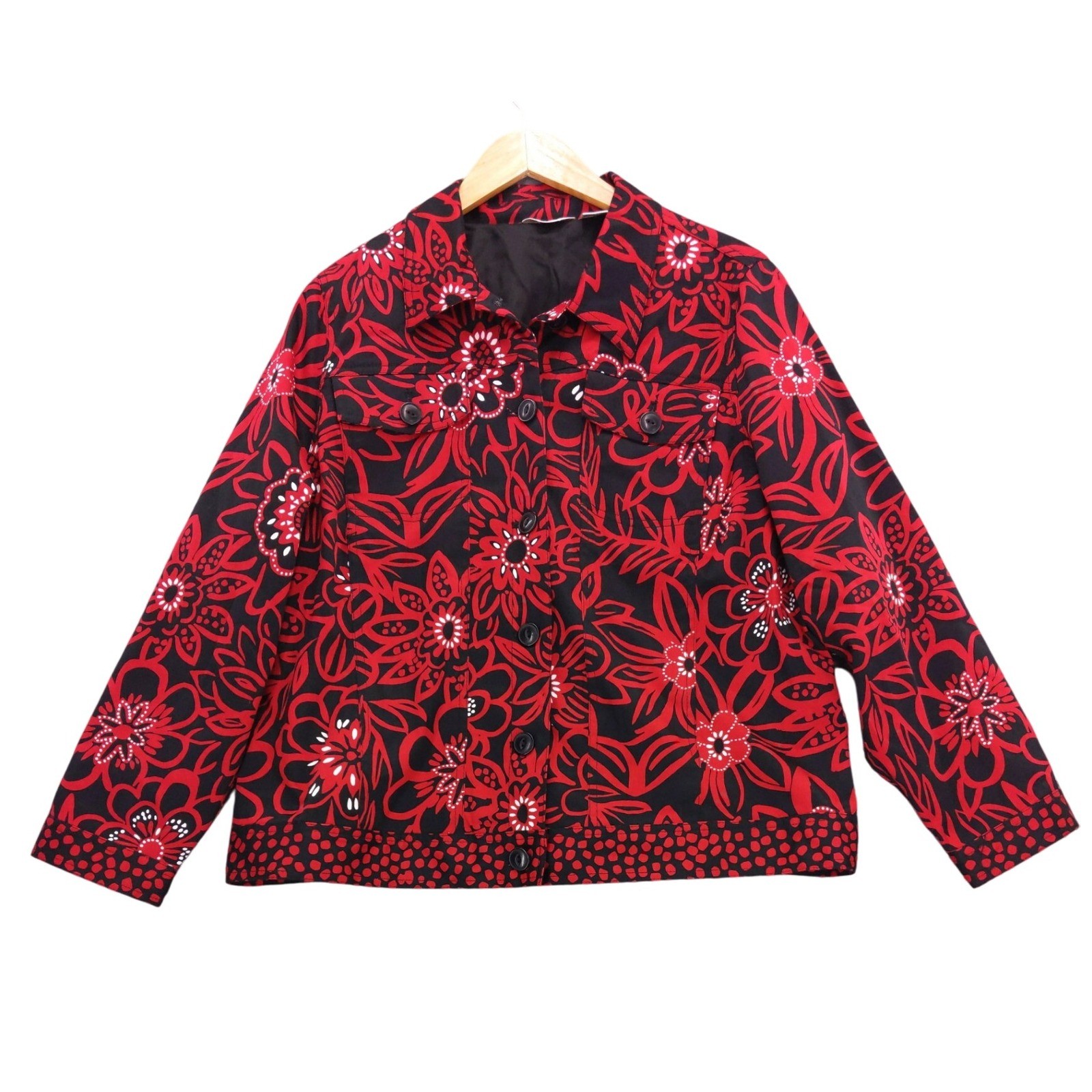 Laura Ashley Woman Red Black Floral Print Button Front Jacket Size 1X