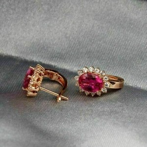 Authentic 2Ct Oval Cut Simulated Pink Ruby Women's Hoop Earring In 14K Yellow Gold Plated