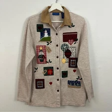 Karen Scott Women's Christmas Holiday Patchwork Grandma Button Down Shirt Size M