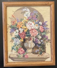 Vintage Stunning Needlepoint Flowers In Vase In Alcove Framed wGlass 15.5 X 12.6